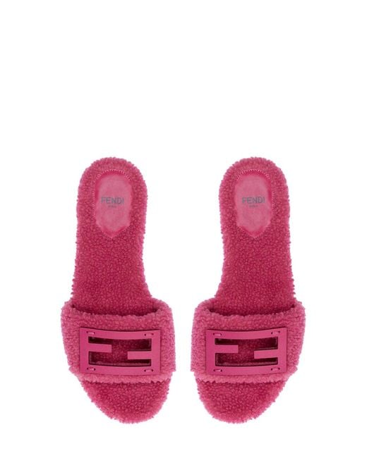 Fendi Baguette Leather Faux Shearling Sandals in Pink Lyst