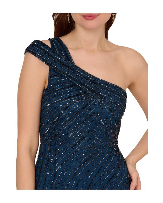 Adrianna Papell Blue Beaded One-shoulder Dress