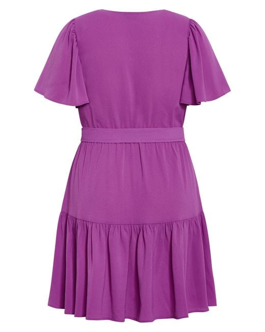 City Chic Purple Catherine Tiered Flutter Sleeve Faux Wrap Dress