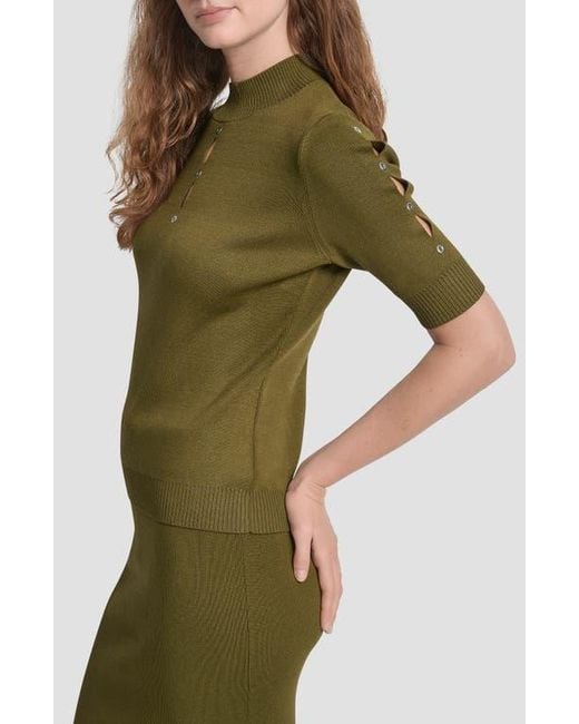 DKNY Green Cutout Grommet Mock Neck Sweater