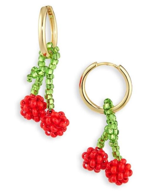 Pura Utz Women's Red Beaded Charm Drop Hoop Earrings