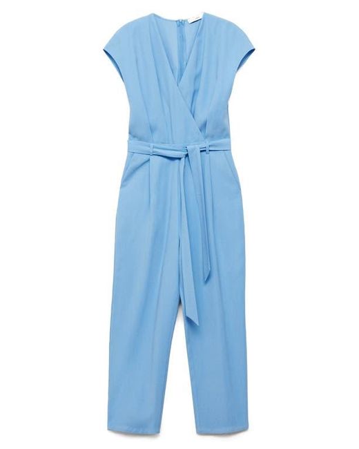 Mango Blue Tie Waist Faux Wrap Wide Leg Jumpsuit