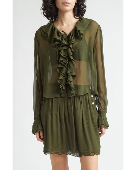 Bode Green Flounce Ruffle Silk Top