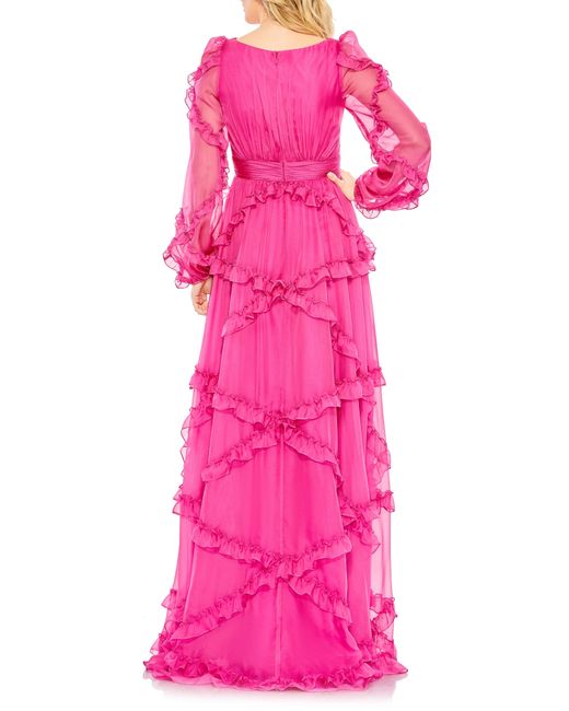 Mac Duggal Pink Tiered Ruffle Long Sleeve Gown