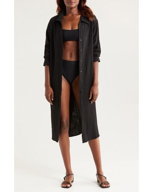 Nordstrom Black Cotton Gauze Cover-Up Shirtdress