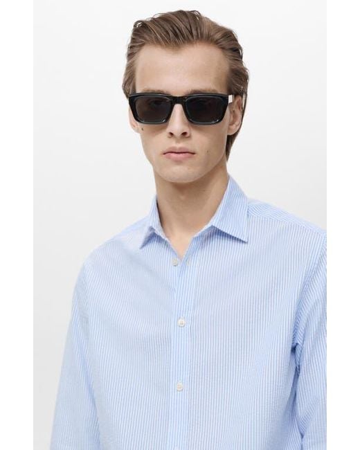 Mango Blue Regular Fit Stripe Seersucker Button-Up Shirt for men