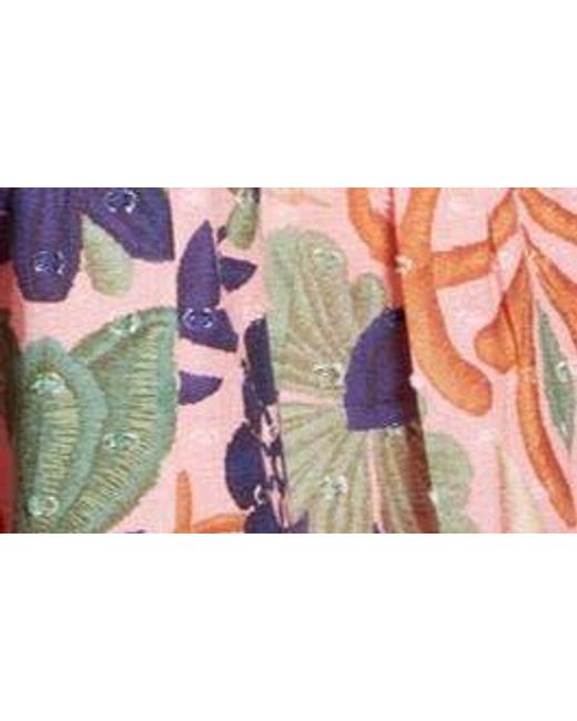 Farm Rio Red Seashell Tapestry Floral Clip Dot Puff Sleeve Minidress