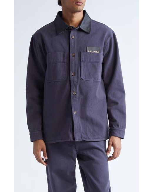 Palmes Men's Blue Leather Collar Twill Overshirt