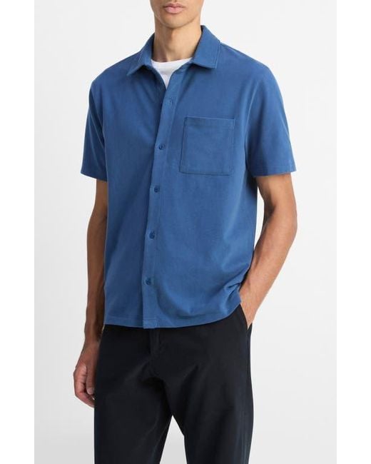 Vince Blue Sueded Jersey Short Sleeve Button-Up Shirt for men