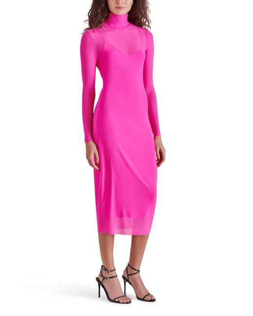 Steve Madden Pink Vivienne Long Sleeve Mesh Midi Dress