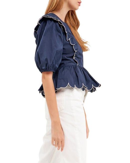 English Factory Blue Contrast Scalloped Trim Cotton Top