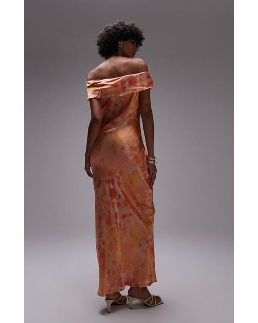 TOPSHOP Gray Abstract Print Off The Shoulder Satin Maxi Dress
