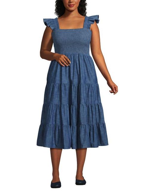 Lands' End Blue Chambray Smocked Dress With Ruffle Straps
