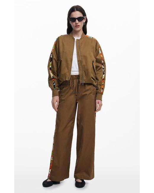 Desigual Brown Contrast Sleeve Stripe Cotton Blend Bomber Jacket