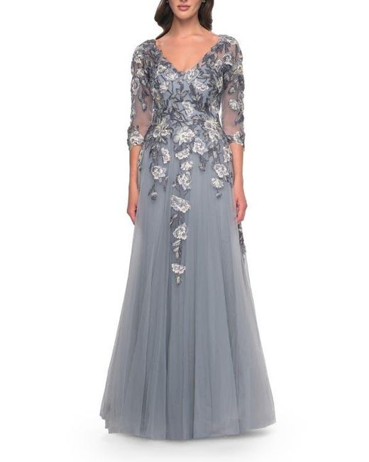 La Femme Gray Tulle A-Line Gown With Beautiful Lace Applique And Sheer Sleeves