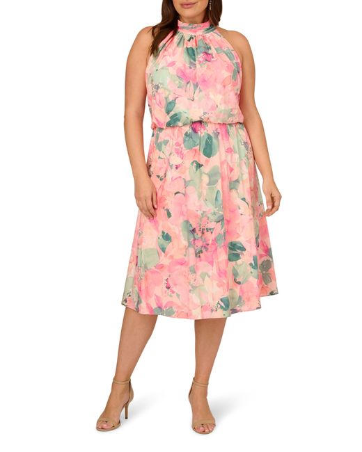 Adrianna Papell Multicolor Floral Mock Neck Chiffon Cocktail Midi Dress