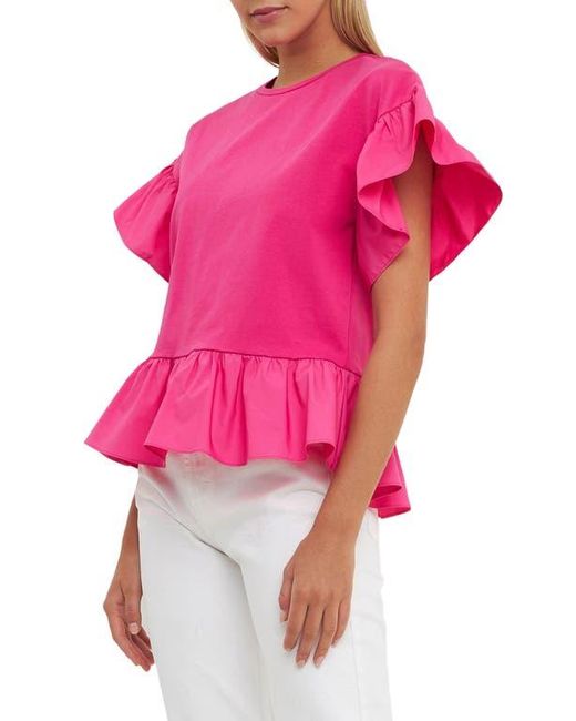 English Factory Pink Mixed Media Flutter Sleeve Peplum Cotton Top