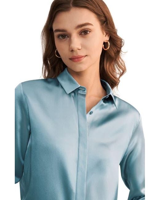 LILYSILK Blue Basic Concealed Placket Silk Shirt