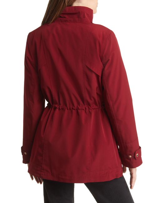 Gallery Red Cinched Waist Hooded Water Resistant Raincoat