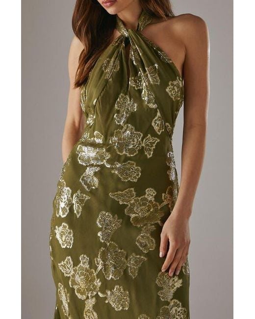 Warehouse Green Metallic Chiffon Wrap Front Midi Dress