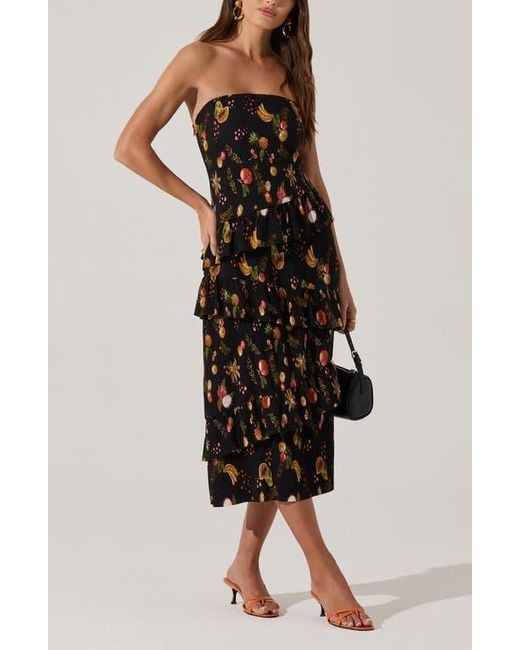 Astr Black Plissé Asymmetric Tiered Ruffle Strapless Midi Dress