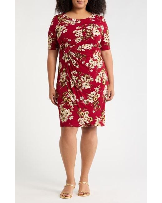 Connected Apparel Floral Side Ruched Faux Wrap Dress in Red | Lyst