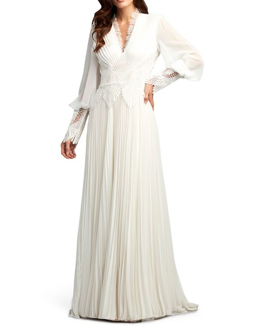 Tadashi Shoji White Lace Embroidered Long Sleeve Chiffon Gown