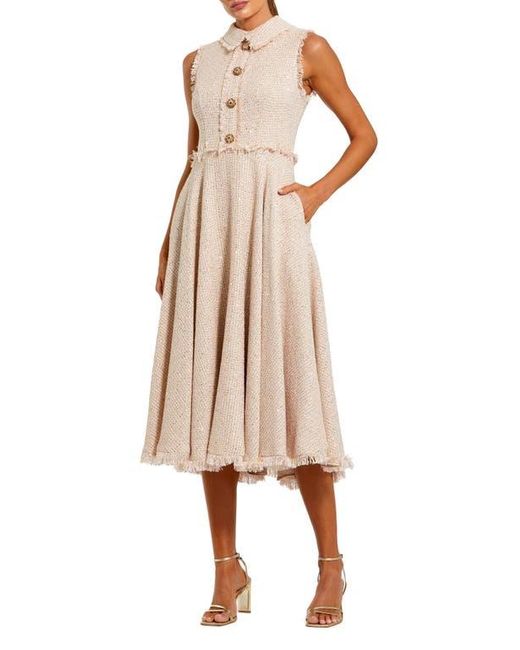 Mac Duggal Natural Bouclé Sleeveless Collared Button Up Midi Dress