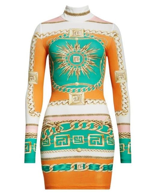 Balmain Green Foulard Print Long Sleeve Body-Con Minidress