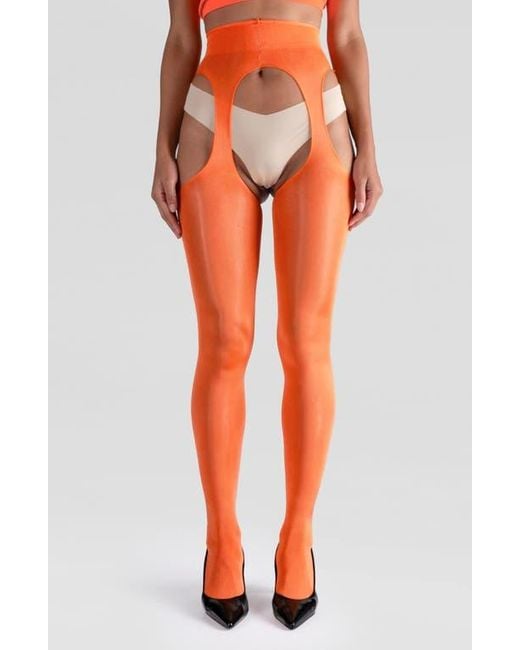 LECHERY Orange Lustrous Silky Shiny Sheer Suspender Crotchless Tights