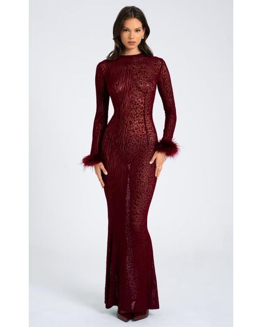 Miss Circle Red Patricia Leopard Burnout Velvet Mesh Backless Maxi Dress