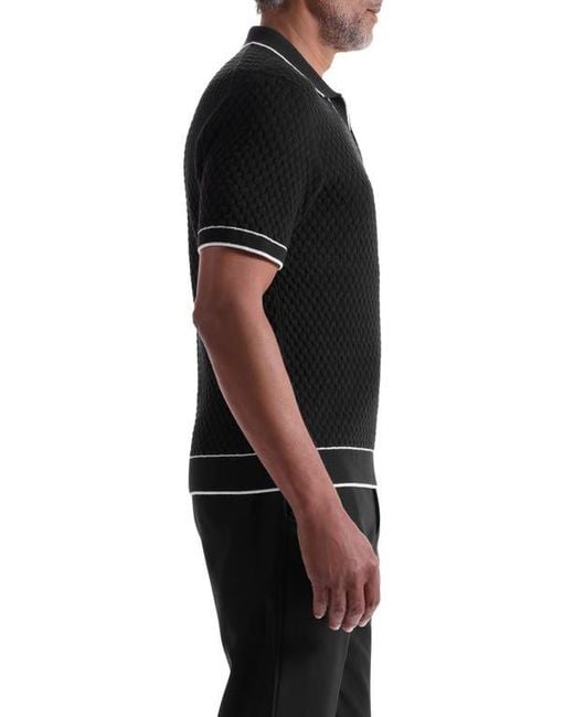 Bugatchi Black Johnny Collar Basket Stitch Cotton Blend Polo Sweater for men