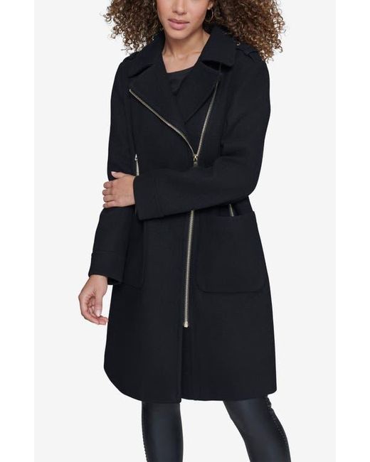 Karl Lagerfeld Black Long Wool Blend Moto Jacket