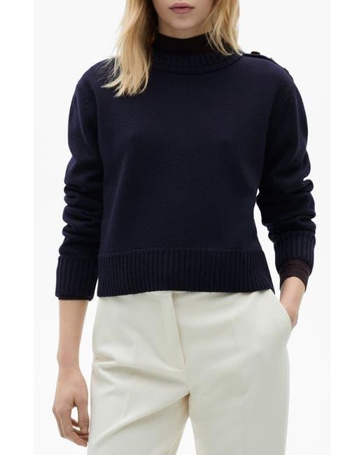 Mango Blue Button Shoulder Mock Neck Sweater