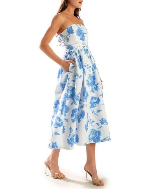 FREEMARKET Blue Floral Strapless Midi Dress