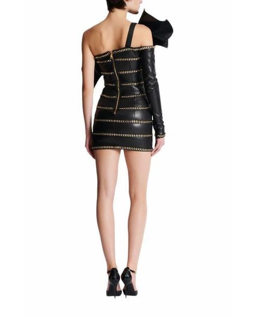 Balmain Asymmetric Leather Bodycon Dress With Chains in Black | Lyst