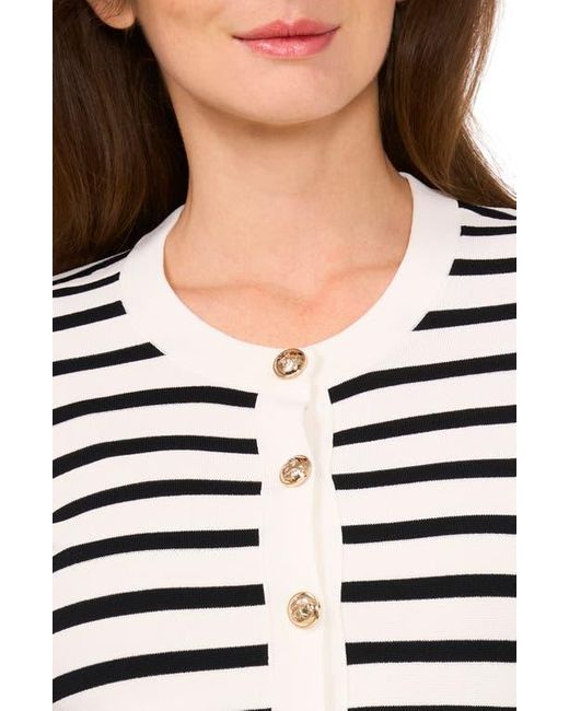 Cece White Stripe Short Sleeve Cardigan With Goldtone Buttons