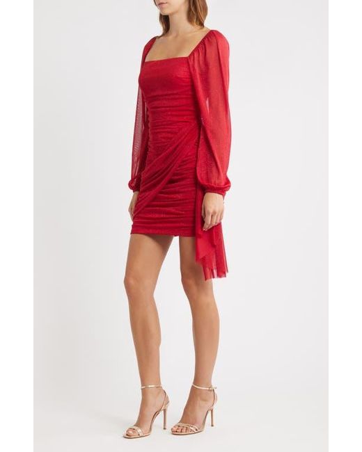 Jump Apparel Red Metallic Drape Front Long Sleeve Minidress