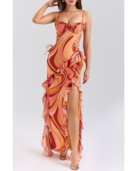 House Of Cb Orange Lumira Print Ruffle Gown