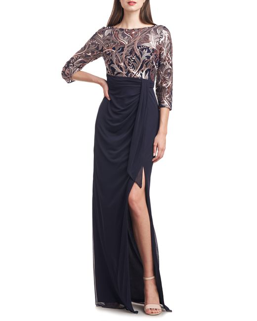 JS Collections Blue Carrie Sequin Embroidered Draped Gown