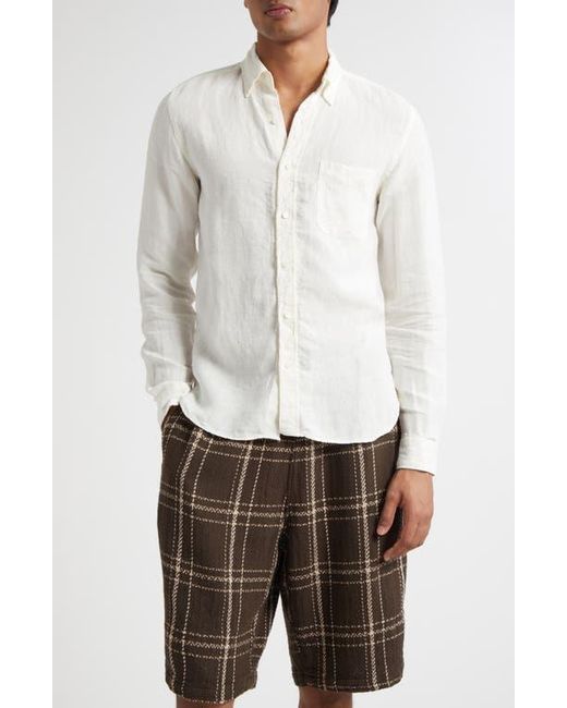 Beams Plus White Linen Chambray Button-Down Shirt for men