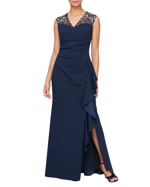 Alex Evenings Blue Embroidered Sleeveless Gown