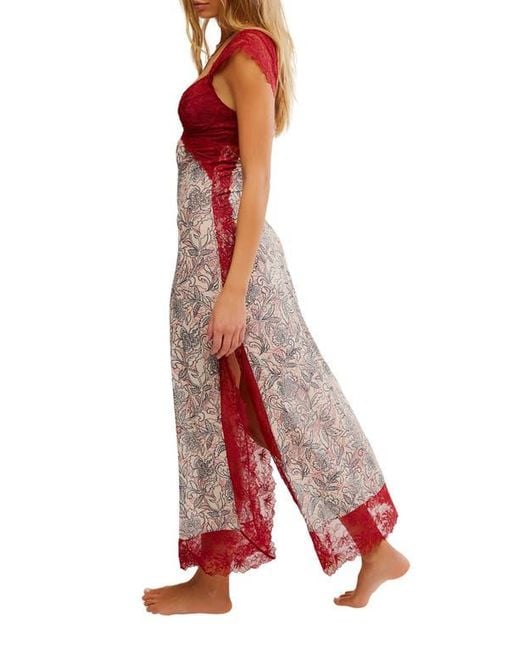 Free People Red Suddenly Fine Floral Print Cutout Lace Trim Nightgown