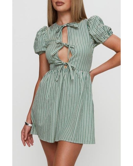 Princess Polly Blue Nurture Tie Front Puff Sleeve Cotton Blend Minidress