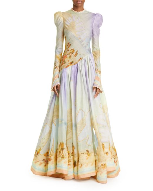 Zimmermann White Tama Postcard Print Long Sleeve Linen & Silk Gown