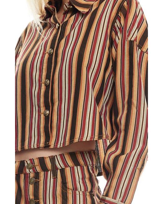 Lioness Brown Sundrenched Stripe Denim Crop Button-Up Shirt