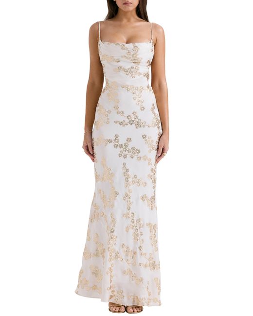House Of Cb Metallic Caprina Embroidered Floral Trumpet Gown