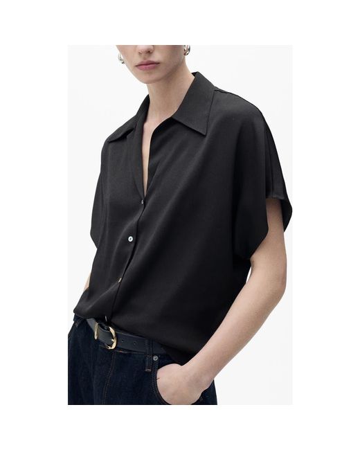 Mango Black Short Sleeve Satin Button-Up Shirt