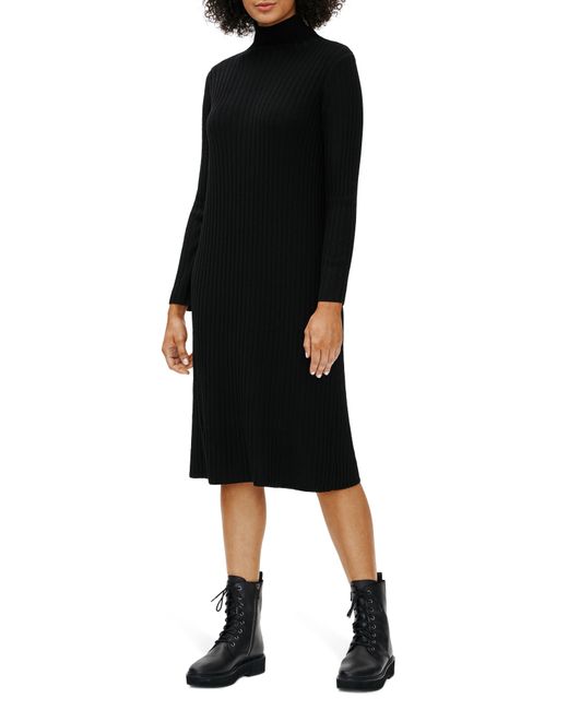 Eileen Fisher Black Scrunch Neck Ribbed Wool Sweater Dress