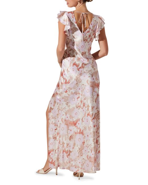 Astr Multicolor Floral Flutter Sleeve Satin Maxi Dress